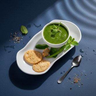 A white bowl filled with vibrant green mint chutney, garnished with a mint sprig, served on an organic-shaped platter alongside crispy mathris, a green chili, and ginger.