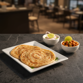 Two flaky, layered Malabar parathas served on a white rectangular plate with a side of chana masala, sliced onions, and a lemon wedge on a dark tabletop.