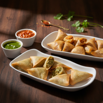 Two white serving platters filled with golden-brown, crispy patti samosas, showing both vegetable and spiced fillings, accompanied by green chutney and red garlic sauce.