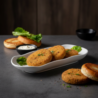 Three golden, breaded crispy vegetable burger patties arranged in a white curved serving dish, with toasted burger buns, a small bowl of mayonnaise, and lettuce leaves scattered on a dark grey tabletop.