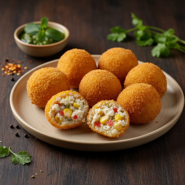 A ceramic plate filled with golden breaded potato cheese corn balls, with two halves in the front showcasing the gooey cheese, sweet corn, and bell pepper filling.
