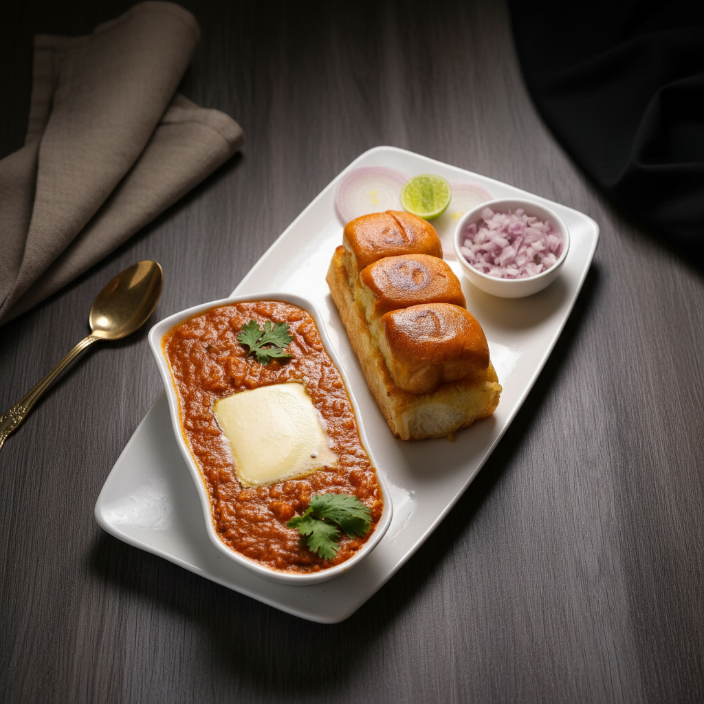 A classic Mumbai-style Pav Bhaji platter featuring a rich vegetable gravy topped with a melting slab of butter, served with three toasted pav buns, chopped onions, and lemon.