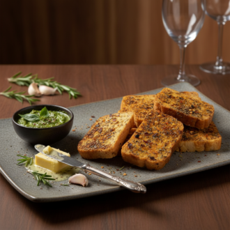 Crispy baked garlic toast slices seasoned with Italian herbs and chili flakes by RLS Foods, served on a gray platter with butter, garlic cloves, and a pesto dip.