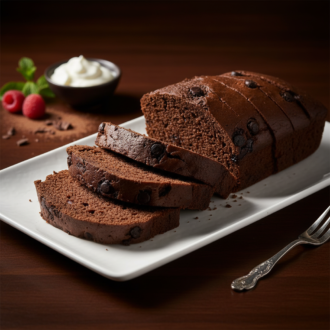 Slices of rich chocolate loaf cake with chocolate chips, served with whipped cream and raspberries by RLS Foods.
