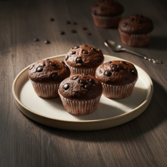 Rich and moist double chocolate cupcakes loaded with chocolate chips on a ceramic plate, a sweet treat from RLS Foods.
