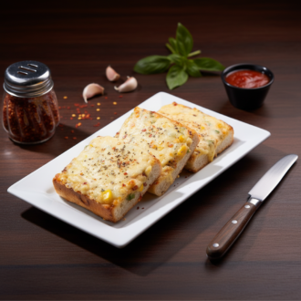 Thick slices of crispy garlic toast topped with melted cheese, sweet corn, and herbs, prepared by RLS Foods.