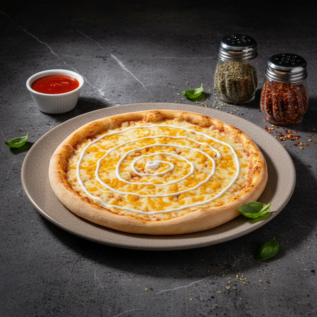 RLS Foods four cheese pizza featuring a golden crust, melted blend of cheeses, and a white sauce drizzle spiral.