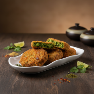 Golden-crispy breaded Hariyali veg burger patties by RLS Foods, broken open to show the vibrant green spinach and herb filling.