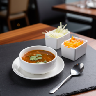 A white bowl of steaming hot and sour vegetable soup garnished with fresh coriander leaves, served on a black slate platter by RLS Foods.