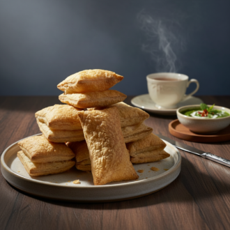 A stacked pile of crispy, flaky whole wheat aata khari puff biscuits on a plate, served by RLS Foods alongside a hot cup of tea and a small bowl of green chutney.