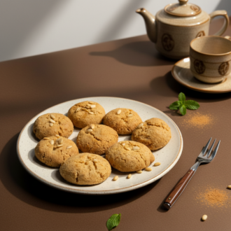 Traditional Indian aata nankhatai cookies made from whole wheat flour and topped with melon seeds, crafted by RLS Foods.
