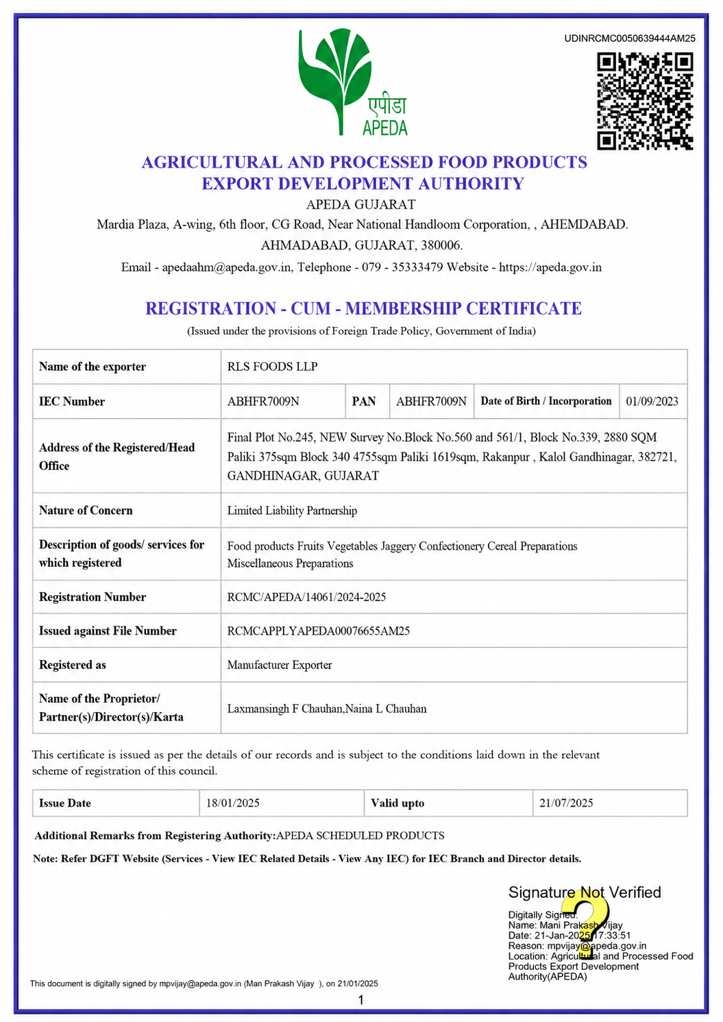 APEDA Registration Certificate for RLS Foods LLP India