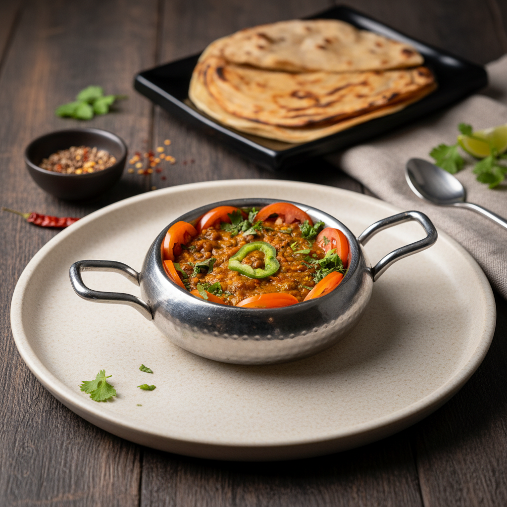 A stainless steel handi filled with thick North Indian Mung Masala curry garnished with sliced tomatoes and a green pepper ring, served on a round cream plate with flaky parathas in the background.
