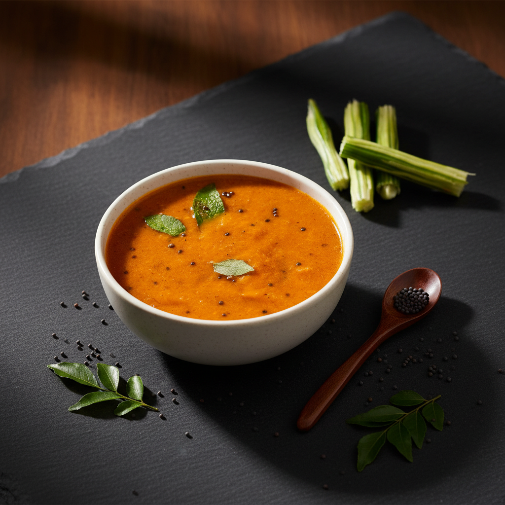A bowl of traditional South Indian sambar garnished with curry leaves and mustard seeds, served on a black stone platter with fresh drumstick pieces on the side.