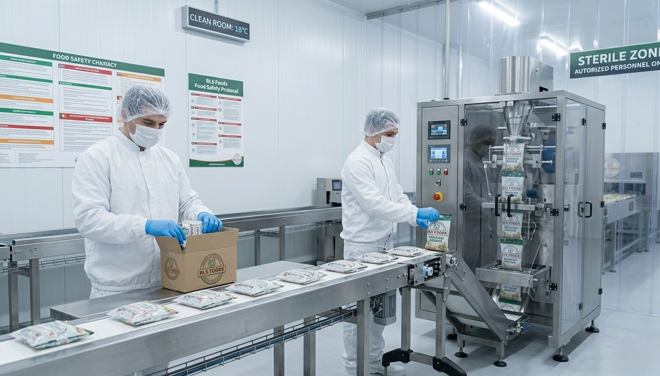 Factory workers in cleanroom suits packing sealed bags of frozen products into cardboard boxes along an automated conveyor belt line.