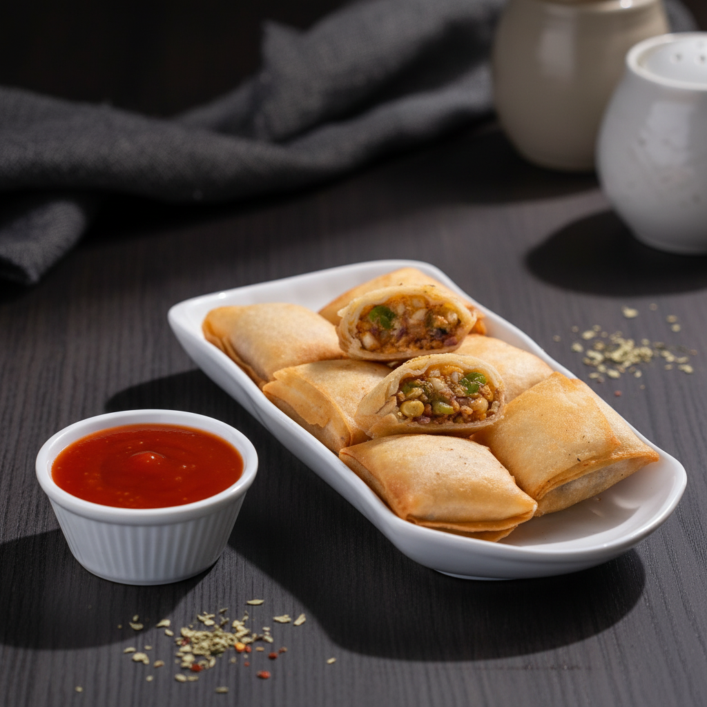 A white rectangular dish filled with golden-brown, square-shaped pizza pattice pockets, with two cut open to reveal a savory filling of melted cheese, corn, and vegetables, served with tomato ketchup.