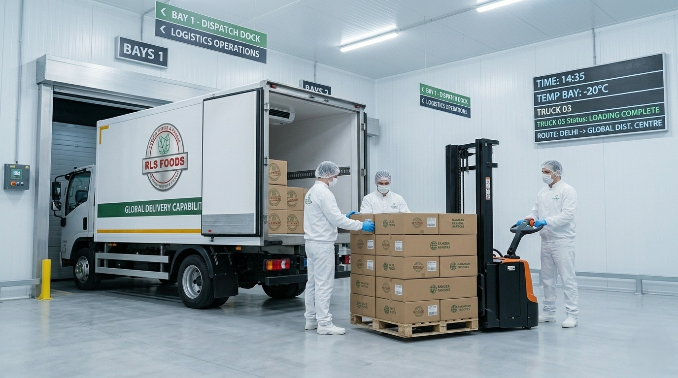 Factory workers wearing hygienic uniforms and masks loading packed boxes onto an RLS Foods refrigerated delivery truck at a climate-controlled dispatch bay.