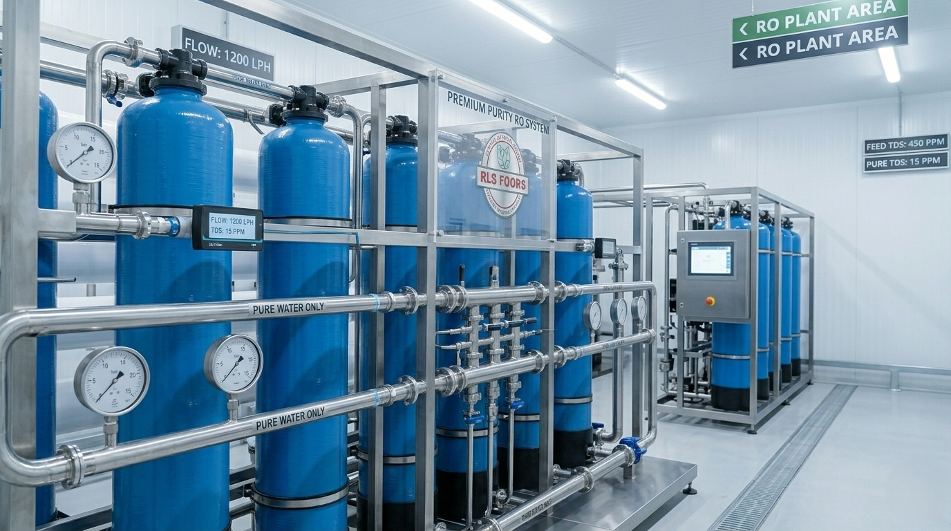 Large blue multi-stage RO water filtration tanks and stainless steel piping network inside a commercial water purification facility.