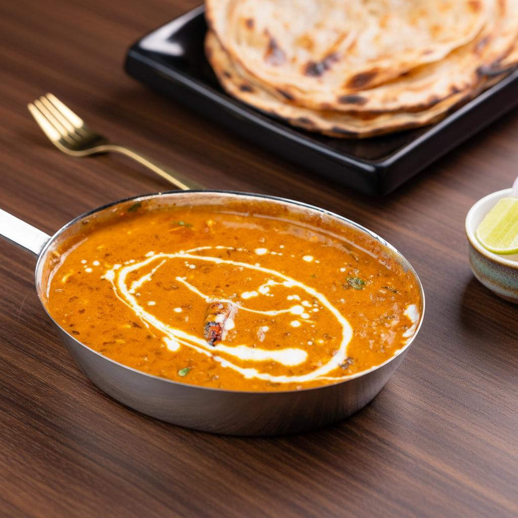 An oval stainless steel pan filled with slow-cooked, creamy Punjabi Dal Makhani with a fresh cream swirl garnish, served with stacked tandoori parathas in the background.