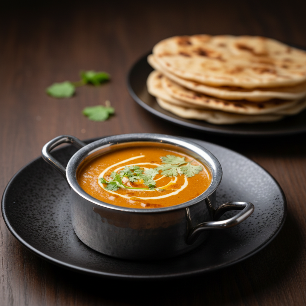 A stainless steel bowl of rich, creamy Indian orange-brown gravy garnished with fresh coriander and a swirl of cream, served with a stack of naan bread.