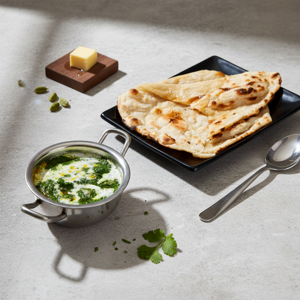A small stainless steel kadhai filled with vibrant green palak paneer spinach gravy topped with fresh cream, served alongside charred butter naan on a black rectangular plate.