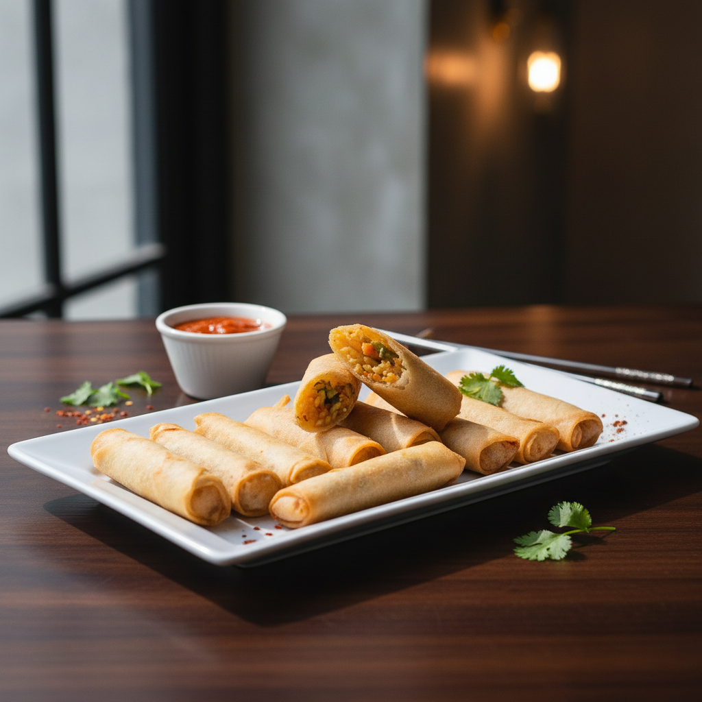 A white rectangular plate filled with golden-brown Chinese cigar rolls, with two halves showing a seasoned vegetable stuffing, served with a small bowl of chili sauce.
