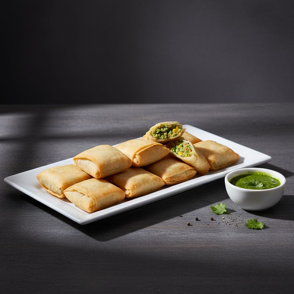 A large white serving tray holding a stack of golden, square corn and spinach pattice pockets, with two cut open showing a bright green spinach and yellow corn stuffing, served with mint chutney.