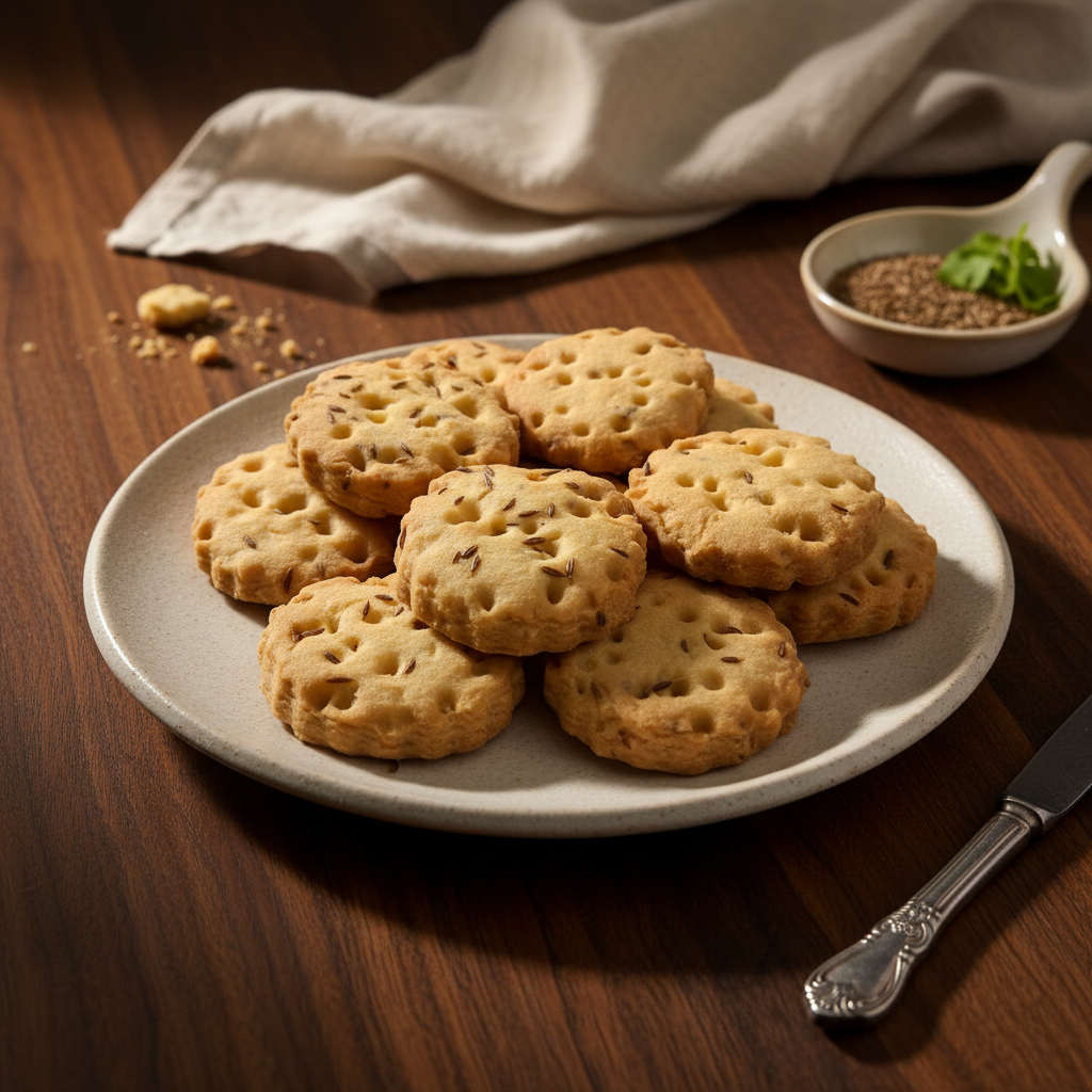 A light beige plate filled with circular, scalloped-edge jeera bites cookies showing visible cumin seeds and decorative fork punctures on the surface.