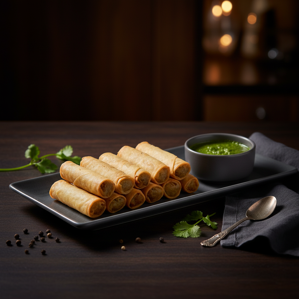 A neat stack of golden-brown, crispy fried paneer cheese jalapeno rolls served on a long grey rectangular platter alongside a small ceramic bowl of vibrant green chutney.
