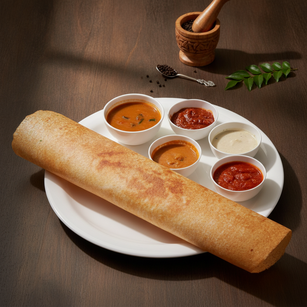 A long, golden-brown crispy plain dosa roll placed across a large white plate alongside a bowl of hot sambar and four varieties of colorful chutneys on a wooden table.