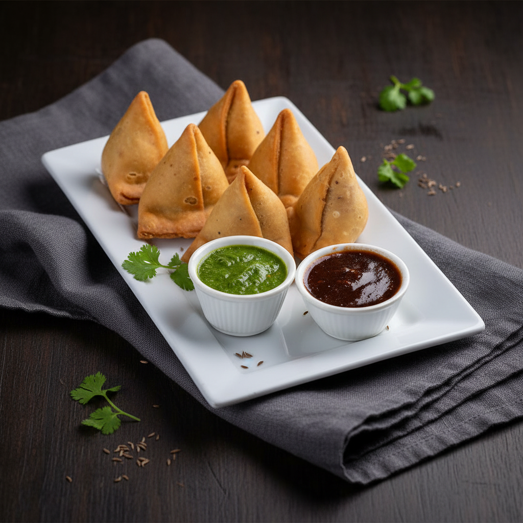 Six golden-brown, crispy Punjabi samosas arranged on a white rectangular platter, served with bowls of green mint chutney and dark brown tamarind sweet chutney.