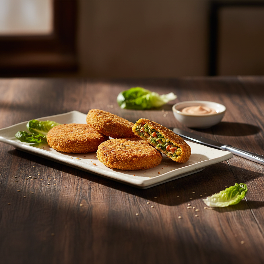 A white rectangular plate holding golden-brown, crispy fried vegetable burger patties, with one patty cut open to reveal a colorful filling of peas, carrots, and corn, served with a side of cream sauce.