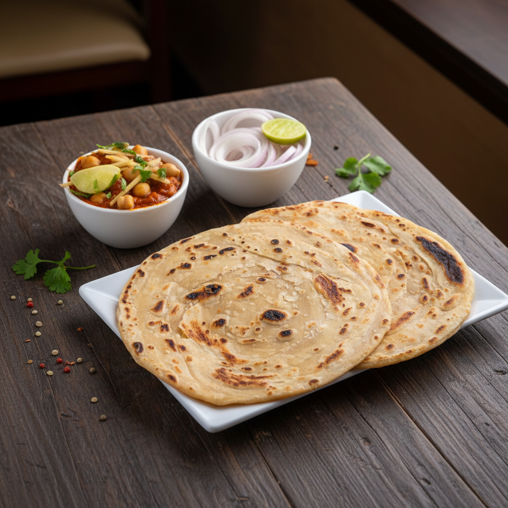 Two layered whole wheat laccha parathas on a white square plate served with a side of chole masala and onion rings.