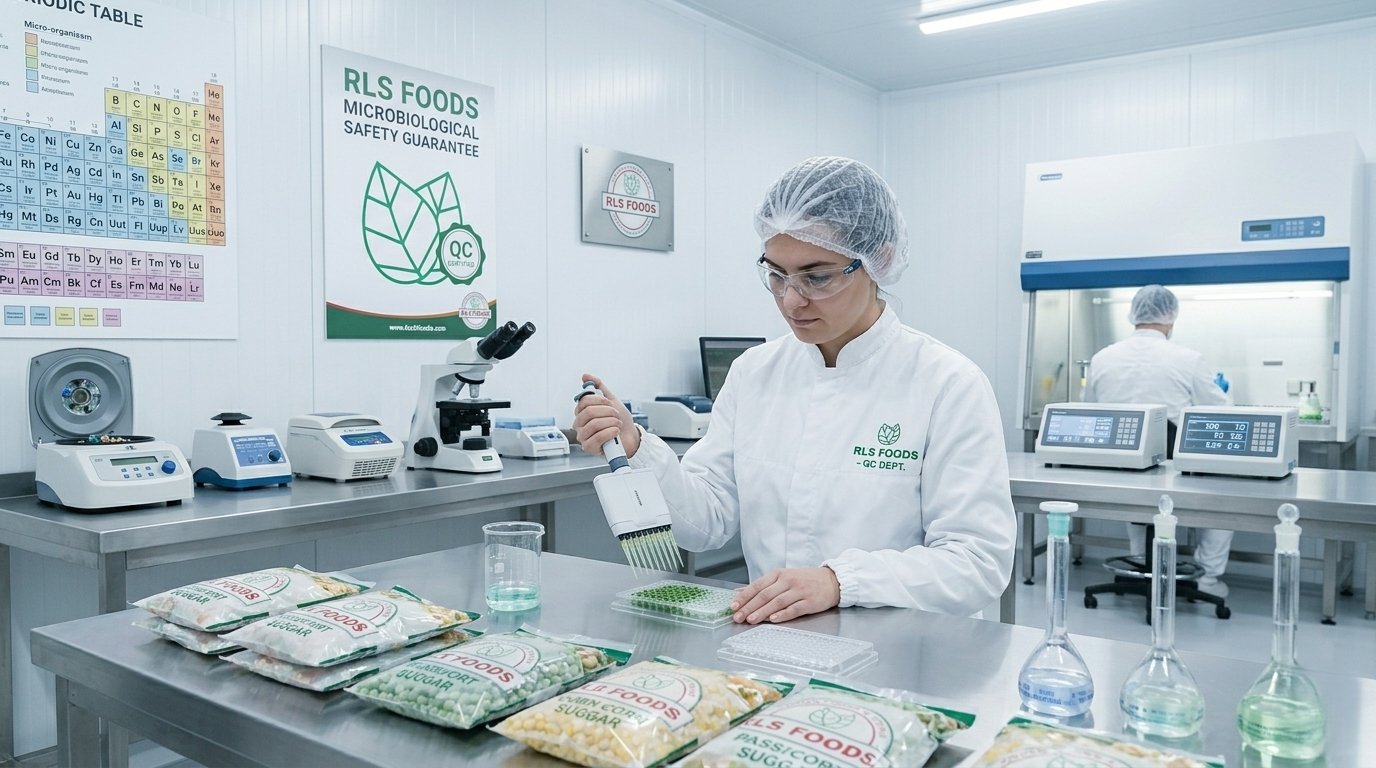 Female laboratory technician in a lab coat and safety glasses using a pipette to test frozen vegetable samples in a sterile food safety testing facility.