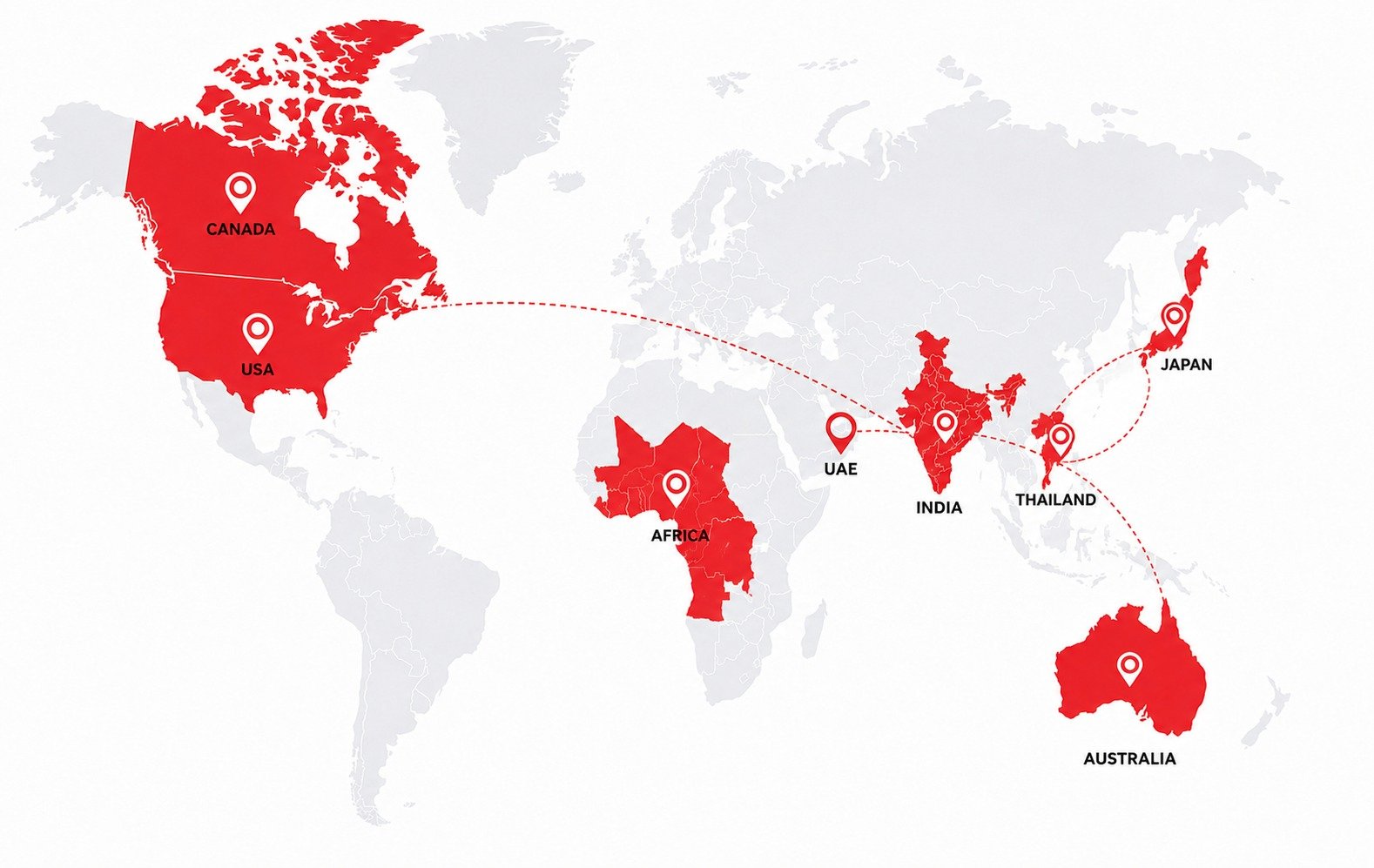 World map showing RLS Foods global export network from India to USA, UAE, and Australia for frozen food exports