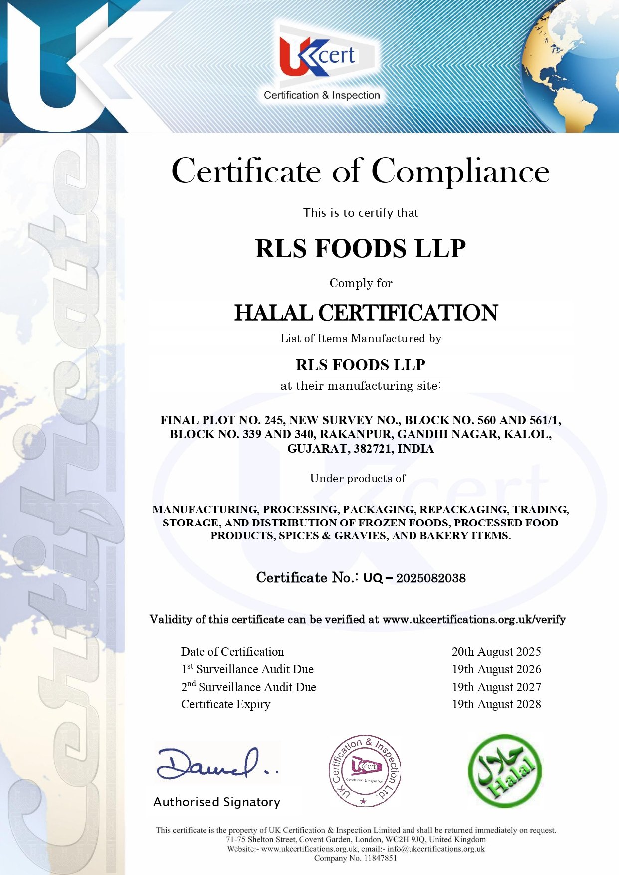 Official Halal Compliance Certificate RLS Foods LLP
