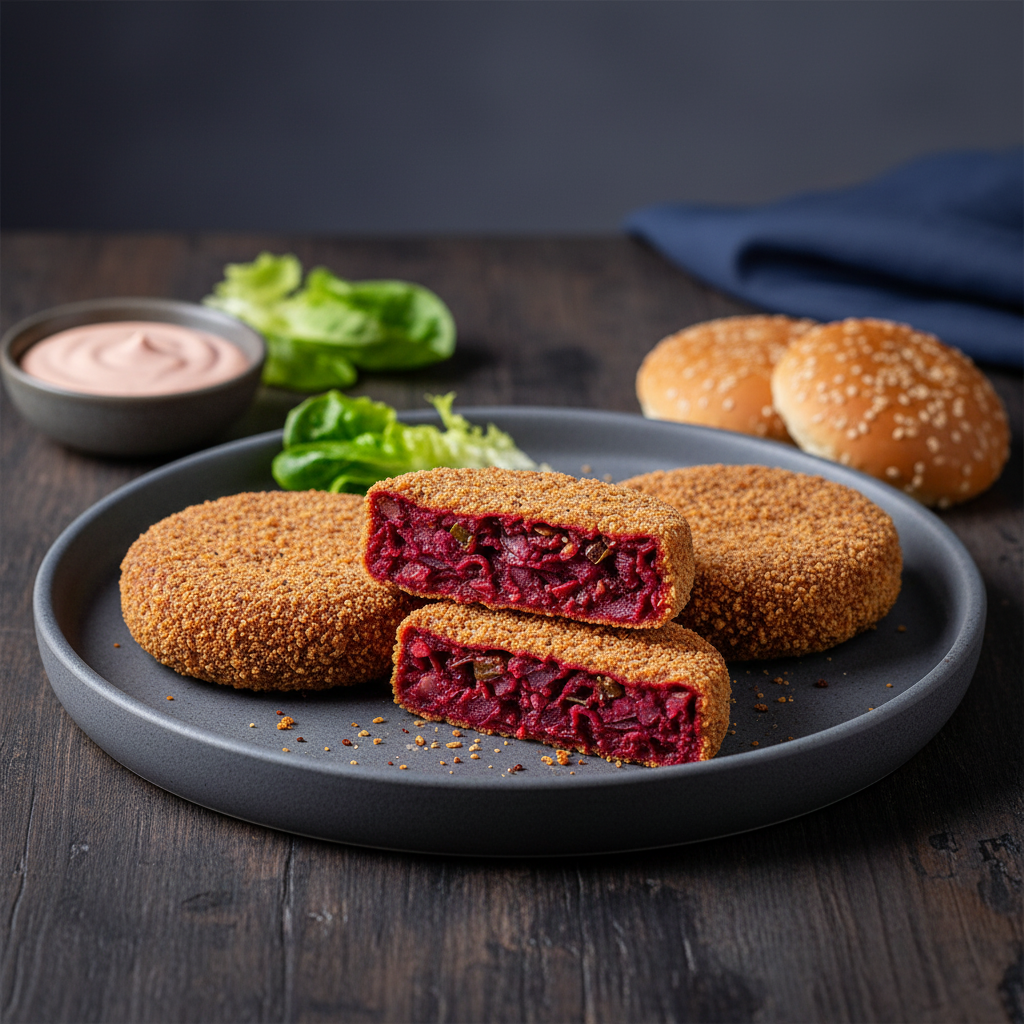 A dark grey plate with golden-brown breaded beetroot burger patties, with one cut in half showing a vibrant magenta beetroot filling, served with burger buns and dip.