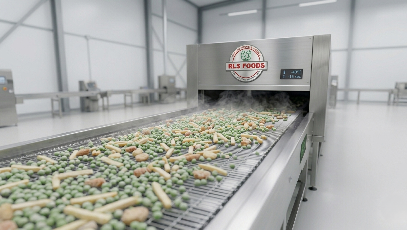 Mixed frozen vegetables including peas and french fries passing through a stainless steel IQF blast freezing tunnel on a mesh conveyor belt.