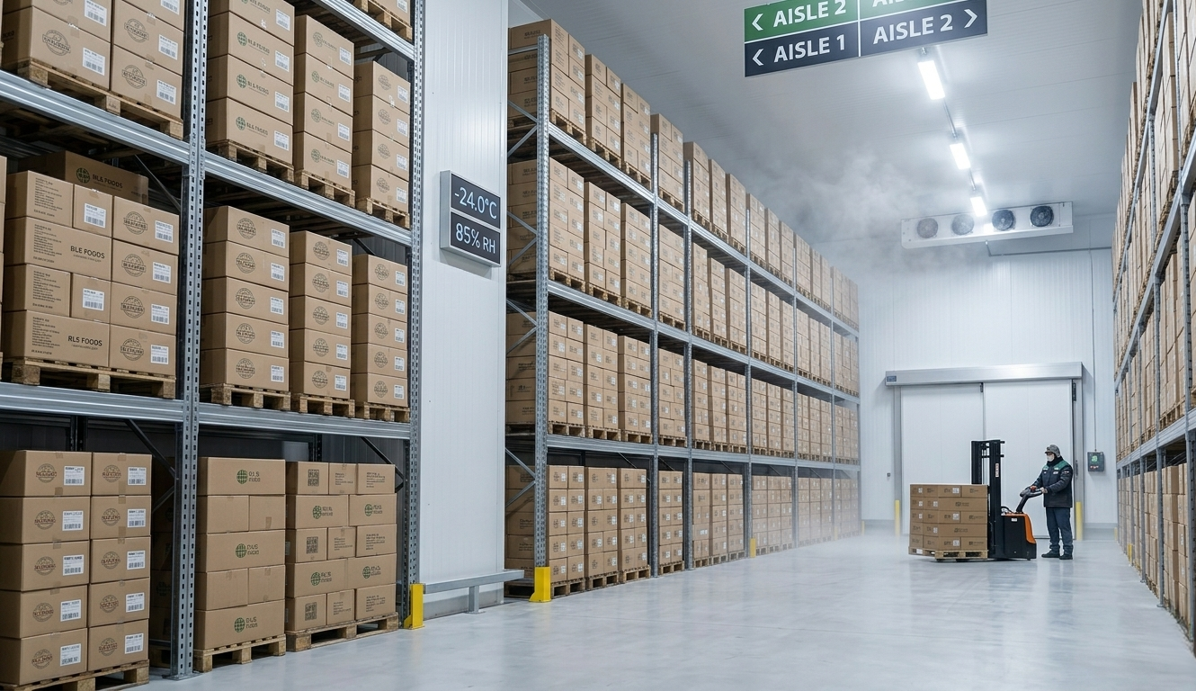 Massive industrial cold storage warehouse with floor-to-ceiling racks filled with pallets of inventory boxes and a worker operating a forklift.