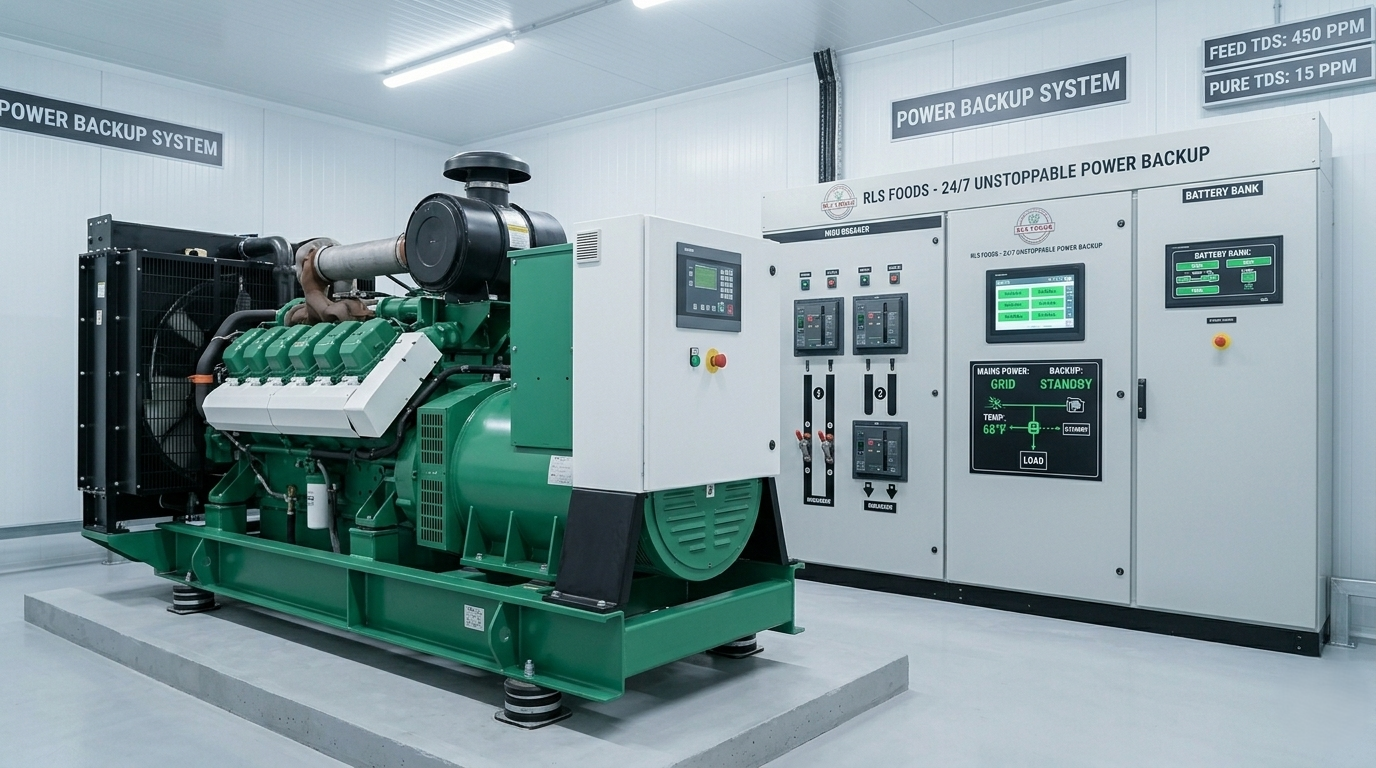 Large green heavy-duty industrial diesel generator and main power control panels inside a clean utility room for 24-7 unstoppable factory backup power.