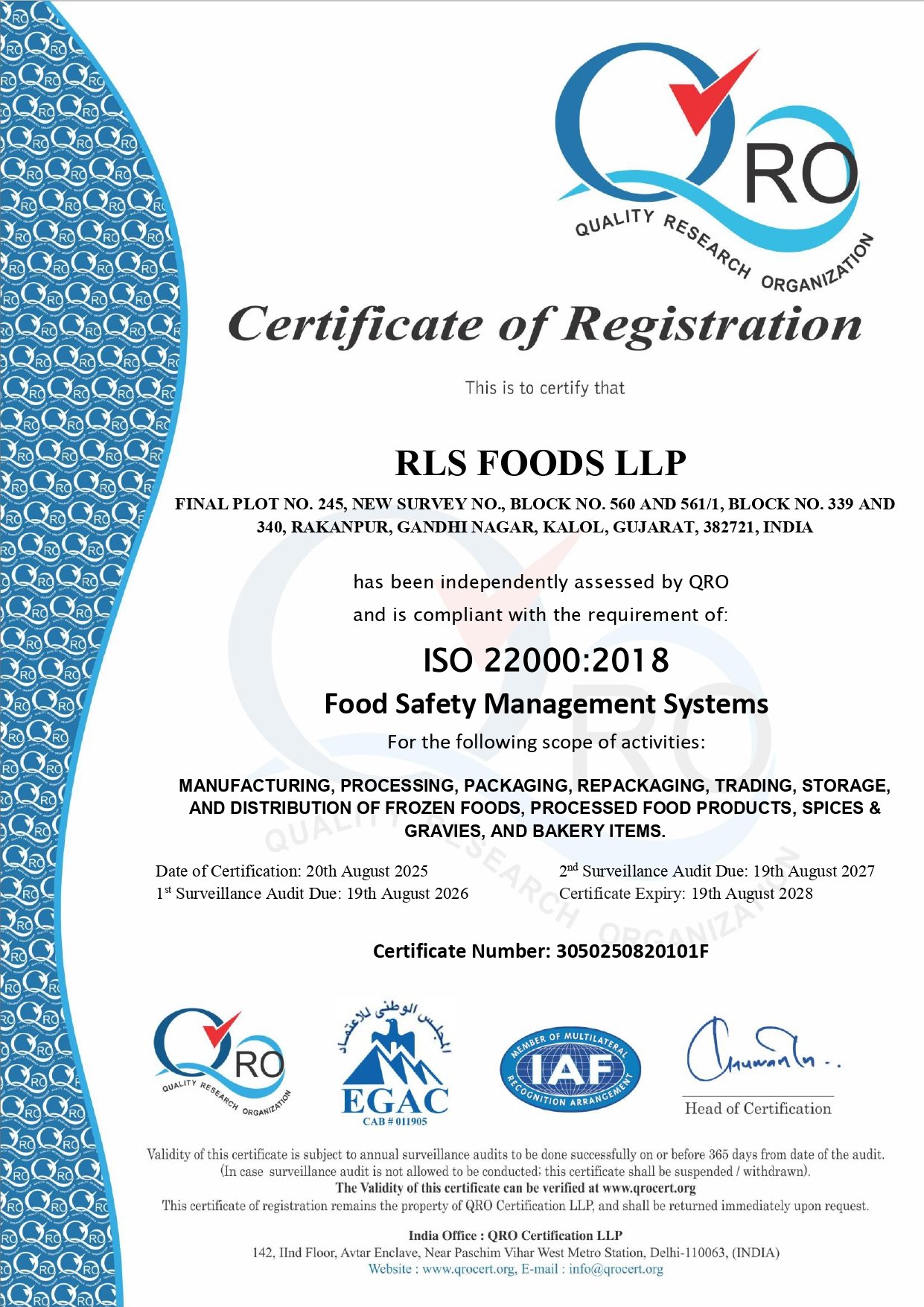 ISO 22000 2018 Food Safety Management System Certificate RLS Foods