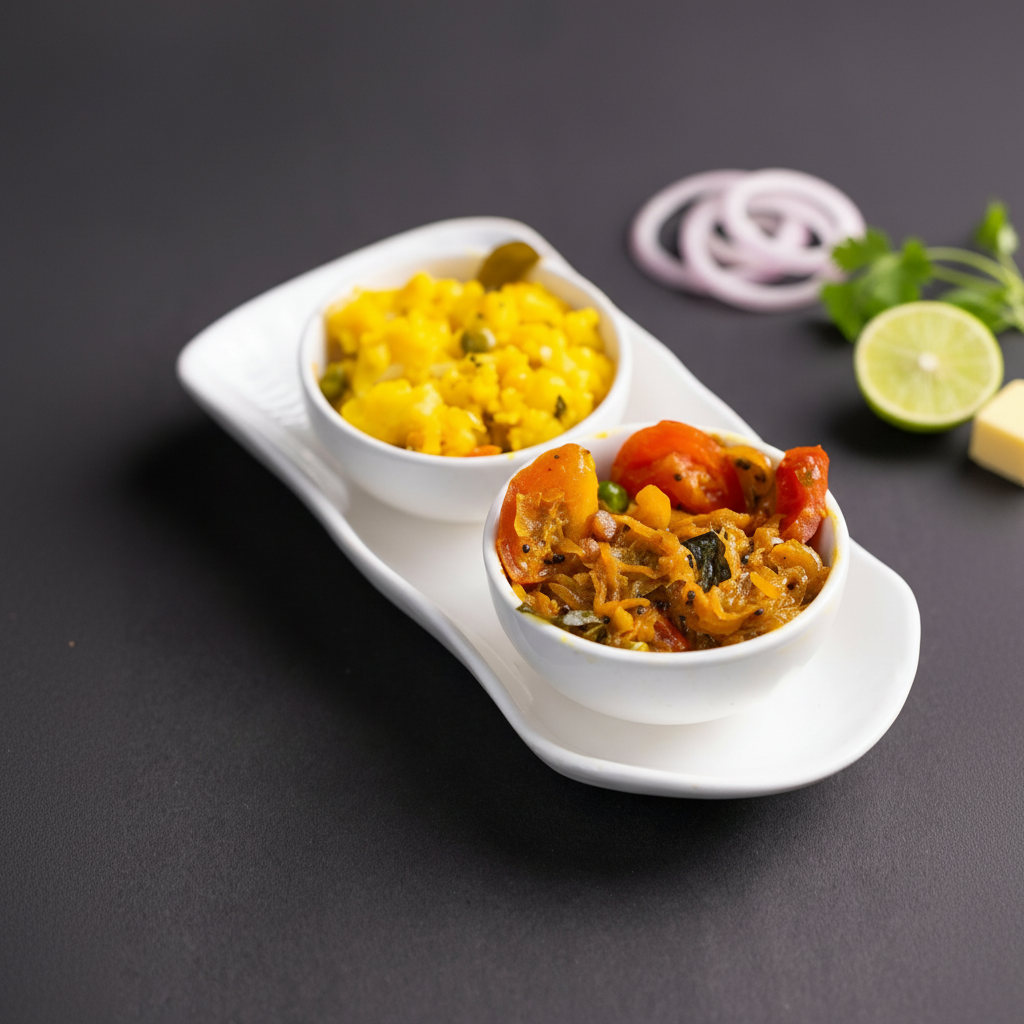 Two small white bowls served on a wavy white platter containing yellow potato batata bhaji and a spiced onion-tomato side dish over a dark grey background.
