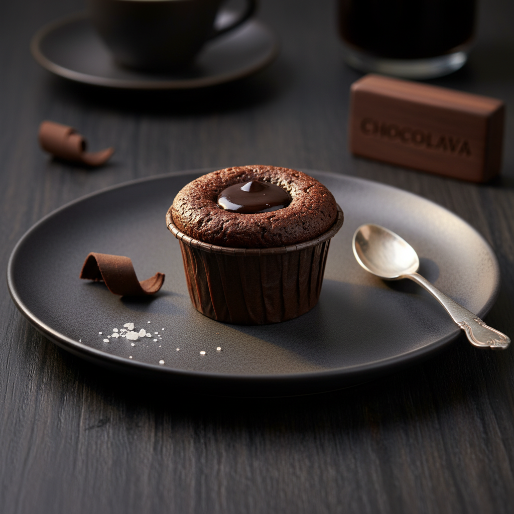 A rich chocolate lava cake in a dark wrapper on a black matte plate, with a pool of glossy molten chocolate sauce on top, served with a silver spoon.