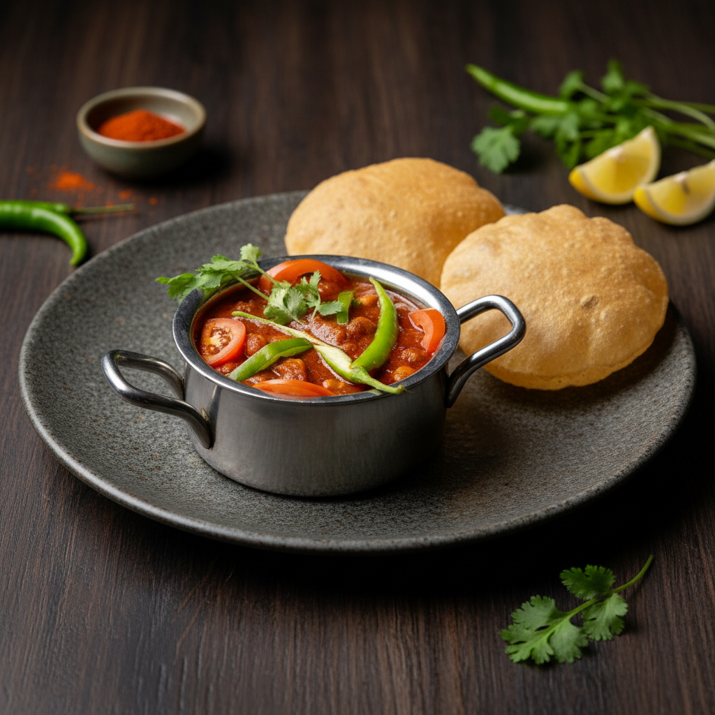 Punjabi chole served in a stainless steel handi alongside two fluffy, golden fried bhature on a dark rustic plate.