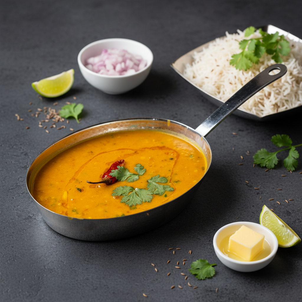 An oval stainless steel pan filled with yellow Punjabi dal fry topped with a red chili and coriander, served with a side of fluffy white jeera rice and a cube of butter.