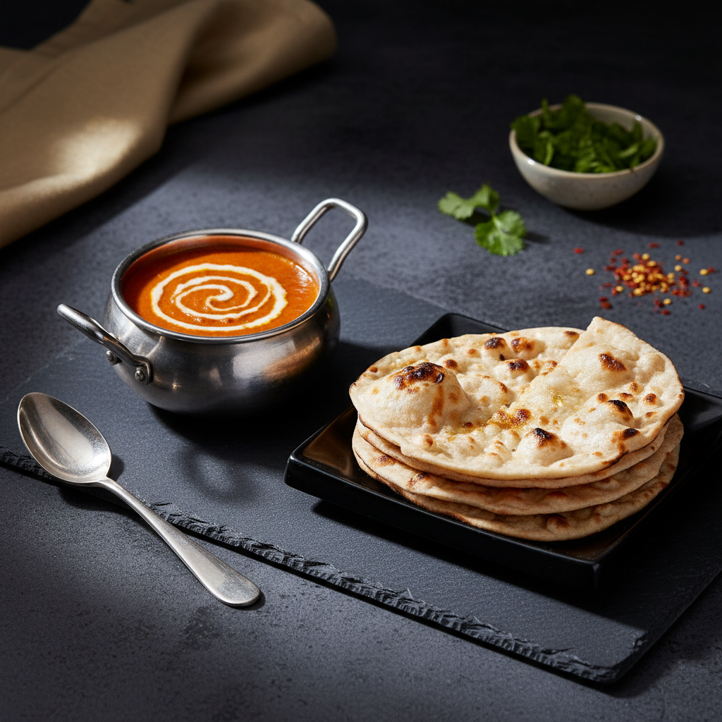Creamy North Indian Punjabi red gravy with a fresh cream swirl in a stainless steel mini wok, served alongside stacked tandoori roti or naan.