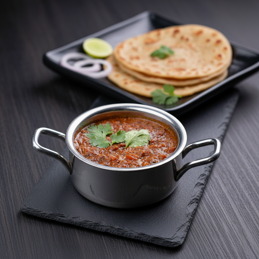 A stainless steel bowl of rich, dark red Punjabi Rajma Masala curry topped with fresh coriander leaves, resting on a black slate mat next to a plate of parathas, onion rings, and a lemon wedge.