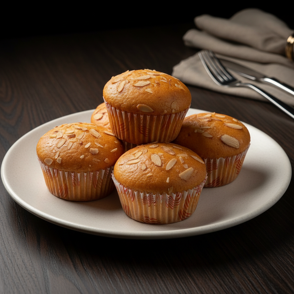 A small stack of five golden-brown mava cupcakes topped with sliced almonds, arranged neatly on a round white ceramic plate over a dark wooden table.