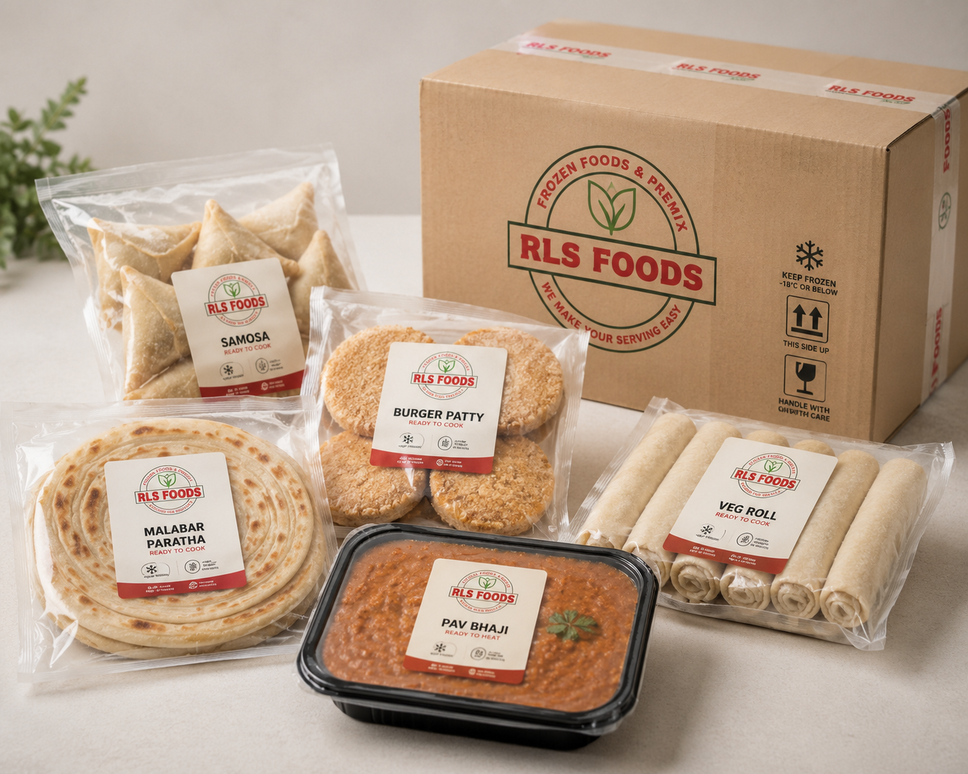 RLS Foods premium frozen food packaging with ready to cook products including samosa burger patty paratha veg rolls and pav bhaji