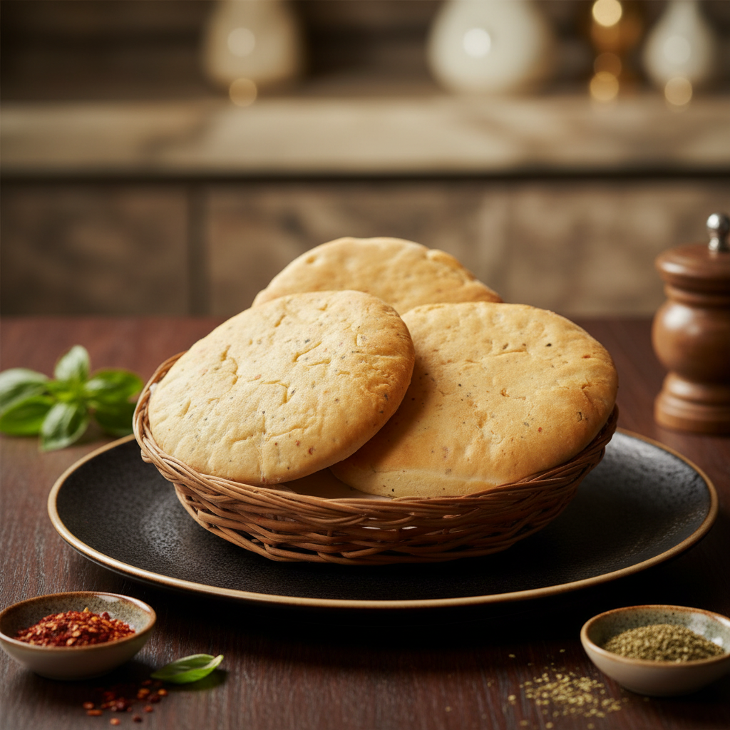 A round woven basket holding three soft, golden-brown thick pizza crust bases, resting on a matte black plate over a dark wooden table with spice bowls.
